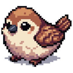 Adorable pixel art sparrow, brown and beige plumage, large eyes, friendly expression.
