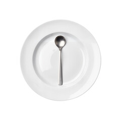 White plate with stainless steel spoon in minimalistic style  