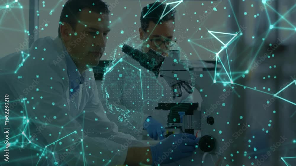 Aufkleber scientists in lab using pipette to load microscope slide while digital network mapping sample data
