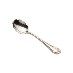 Silver serving spoon with decorative handle on white background  