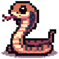 Pixelated snake with its tongue out, coiled and ready to strike, on a white background.