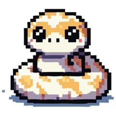 Fototapeta premium Adorable pixel art depiction of a curled-up corn snake, showcasing large, expressive eyes and a cute, cartoonish style.