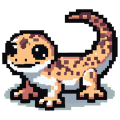 A pixelated illustration of a gecko with brown spots and a curled tail, standing on a white background.