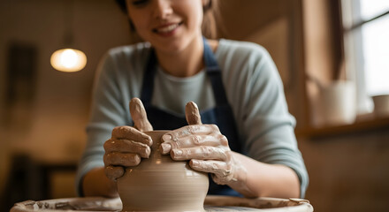 Woman's hands shaping wet clay on a potter's wheel.
