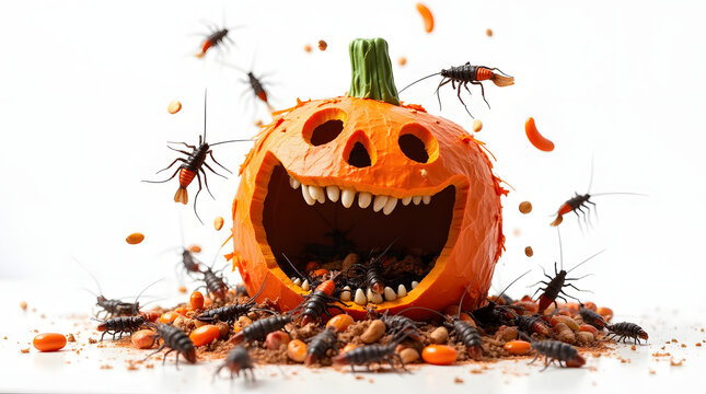 Pi&ntilde;ata citrouille avec des cafards et des insectes qui sortent de l'int&eacute;rieur, isol&eacute;e sur fond blanc 