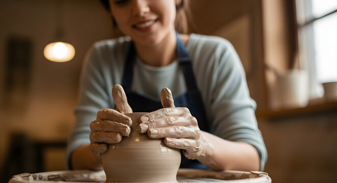 Woman's hands shaping wet clay on a potter's wheel.