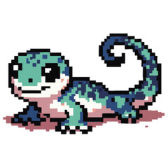 Pixel art illustration of a gecko with a curled tail, featuring a cute and simple design.