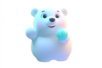 3D cartoon polar bear holding snowball with glacial white and frost blue colors on white background, ultra high definition detailed isometric icon