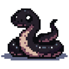 Obraz premium Pixelated cartoon snake with a dark body and light-colored belly, coiled on a white background.
