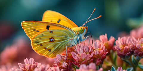 Yellow butterfly on pink flowers