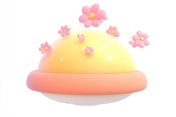 3D cartoon pollen spaceship with golden dust and pink petals on white background, ultra high definition detailed isometric view