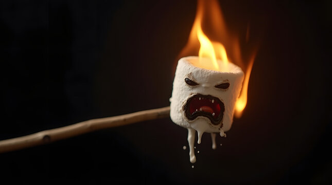 Chamallow d'Halloween en feu au bout d'un b&acirc;tonnet, illustration 3D, visage amusant ou effrayant 