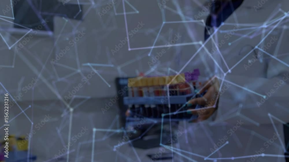 Poster technician shifting blood rack while network lines intensifying and visualizing blood data analysis