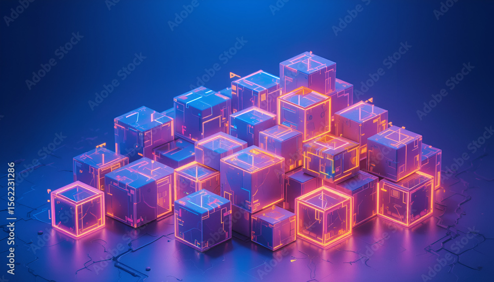 Aufkleber glowing cubes stacked on a blue surface create a modern, futuristic technological concept perfect fo