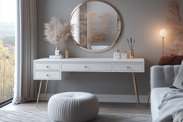 White makeup table with gold legs and two drawers, minimalist design with mirror and round footstool, soft lighting, cozy bedroom with gray sofa