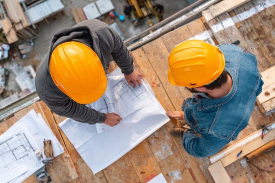 Workers review construction blueprints on a wood surface wearing safety helmets for planning and executing the build. - Powered by Adobe
