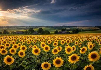 Fototapeta premium Sunflower Field Under Dramatic Cloudy Sky