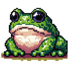 Obraz premium A pixel art depiction of a cute, green frog sitting on the ground.