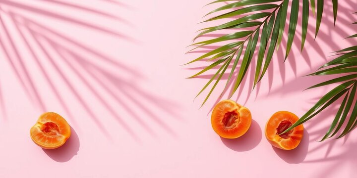 Apricot halves cast by palm leaf shadows on a pastel pink background  Summer vibes, sunlight, pastel