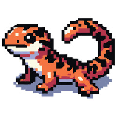 Fototapeta premium Pixelated orange lizard with black spots, depicted in an 8-bit style on a white background.