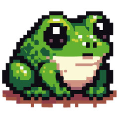 Fototapeta premium Adorable pixel art depiction of a cheerful green frog sitting on the ground.