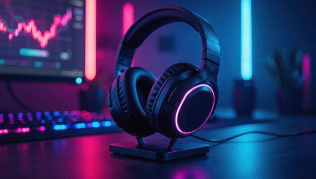 Immersive gaming setup featuring neon lit headphones and a stock market chart on a computer monitor