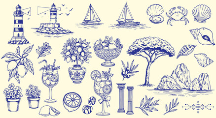 Mediterranean Coast Sketch Set. Vintage hand drawn vector collection of Italian summer elements for travel posters, menus, or wall art. Blue line art. © MH HASIB