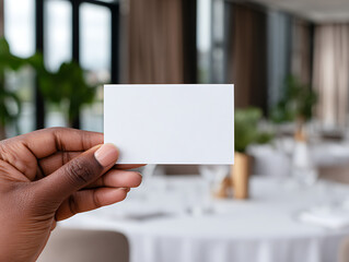 Hand holding luxury VIP restaurant table reservation or invite card. Premium elegant business dinner, copy space, fancy prestigious gold dining interior for guests lunch, elegance celebrati 28081270 1