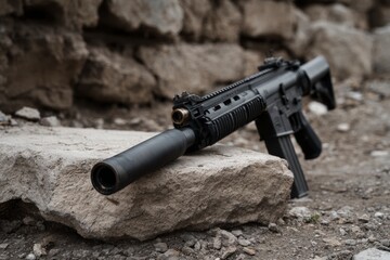 Rifle with Suppressor on Rock