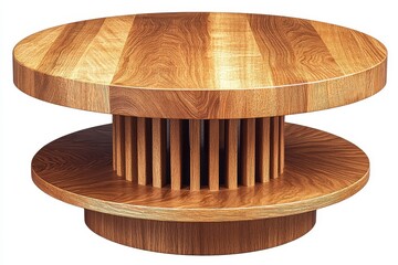 Round oak coffee table with two layers and wood slats, light wooden color, minimalist clean design, functional modern furniture for living spaces