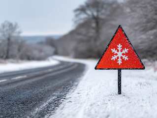 Road sign warns of snow hazard, winter safety alert for ice ahead, weather warning signals dangerous and slippery conditions, copy space for traffic advisory 59834766 1