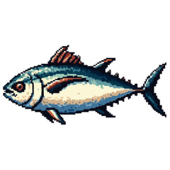 Pixelated illustration of a tuna fish, showcasing its body and fins, isolated on white.