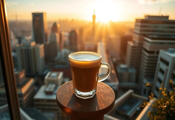 Golden hour sunlight bathes a rooftop cafe's glass latte, city skyline view,  golden hour,  aerial view