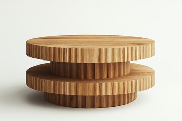 Round oak coffee table with two layers and wood slats, light wooden color, minimalist clean design, functional modern furniture for living spaces