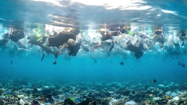 An underwater scene reveals a large amount of plastic waste and garbage floating in the ocean, highlighting the severe problem of marine pollution