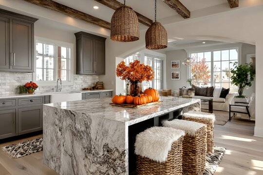 Modern kitchen interior with marble counter top decorated for fall with orange pumpkins and leaves, autumn home decoration	
