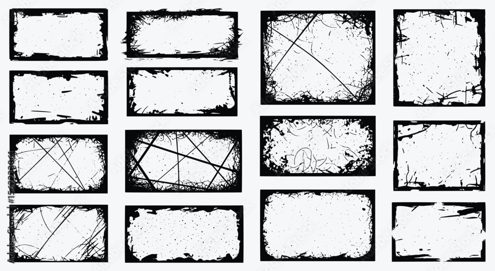 Aufkleber grunge frame & border set. distressed black vector textures with scratch and splatter effects for po