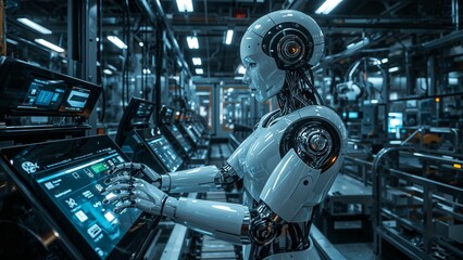 A sleek, white humanoid robot with visible mechanics interacts with a holographic interface in a futuristic, automated factory setting. Ideal for showcasing AI in manufacturing and technological advan