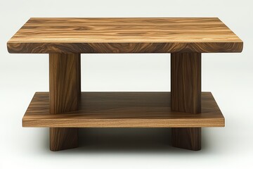 Walnut coffee table with two shelves, minimalist clean design, natural wood texture, warm tone, straight front view on gray background, high-resolution product