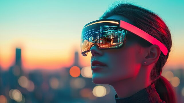A woman wearing AR glasses powered by AI in a modern urban environment,