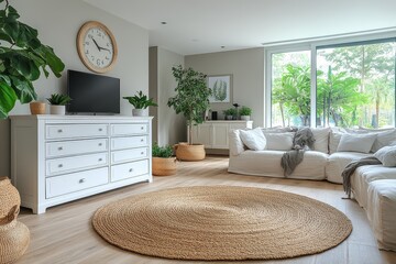 White chest of drawers in minimal living room with light parquet floor, sofa, round carpet, coffee table, TV stand, clock, and soft lighting