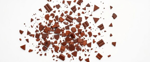 Scattered broken chocolate pieces, various sizes and shapes, viewed from above on a pure white background, chocolate,  white background