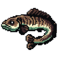 Obraz premium Pixelated illustration of a fish with brown and teal coloring, depicted in a retro, 8-bit style.