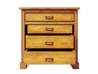 Wooden Drawer Chest: Antique wooden chest of drawers on a white canvas, showcasing craftsmanship. The open drawer reveals the chest is spacious interior.