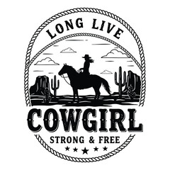 "Long Live Cowgirl Western Graphic &ndash; Vintage Rodeo Horseback Rider with Cactus and Lasso Design"

