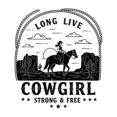 "Long Live Cowgirl Western Graphic – Vintage Rodeo Horseback Rider with Cactus and Lasso Design"

