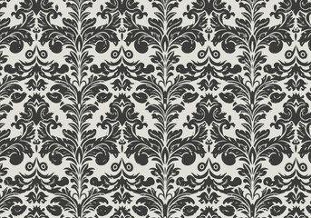 Repeating damask pattern with black floral designs against a light beige backdrop