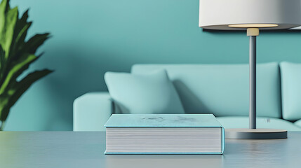 Light teal-colored hardback book sits on a light teal table in a teal-toned living room.  A lamp and couch are subtly visible in the background