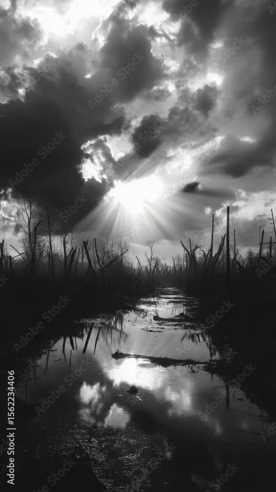 Poster a black and white photo of sunlight filtering through cloudy skies, suitable for use in weather-rela