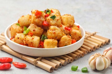 Tahu Cabe Garam. Salted chili tofu is a simple dish made from tofu that is cut and then added with flour and spices